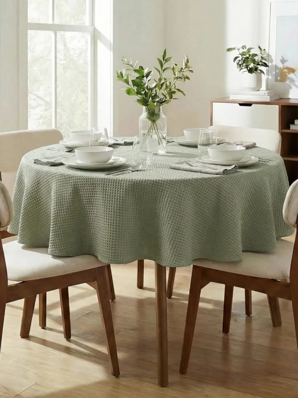 Waffle-Texture 70 Inch Round Tablecloth in Sage Green